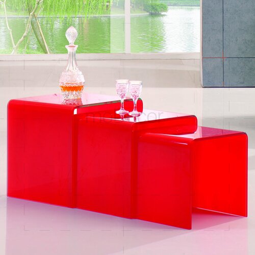 Three Nested Glass Coffee Tables - Red Glass